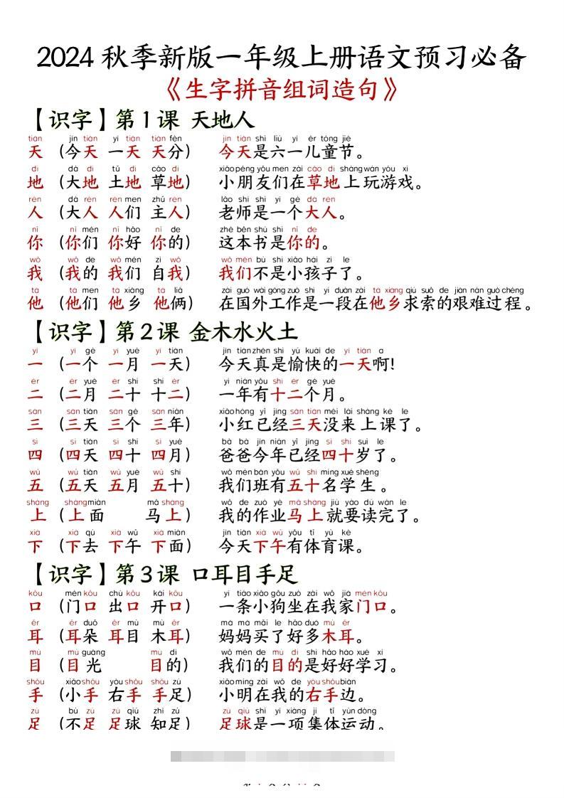 一年级上册语文单元知识要点之生字拼音组词造句-资源V站