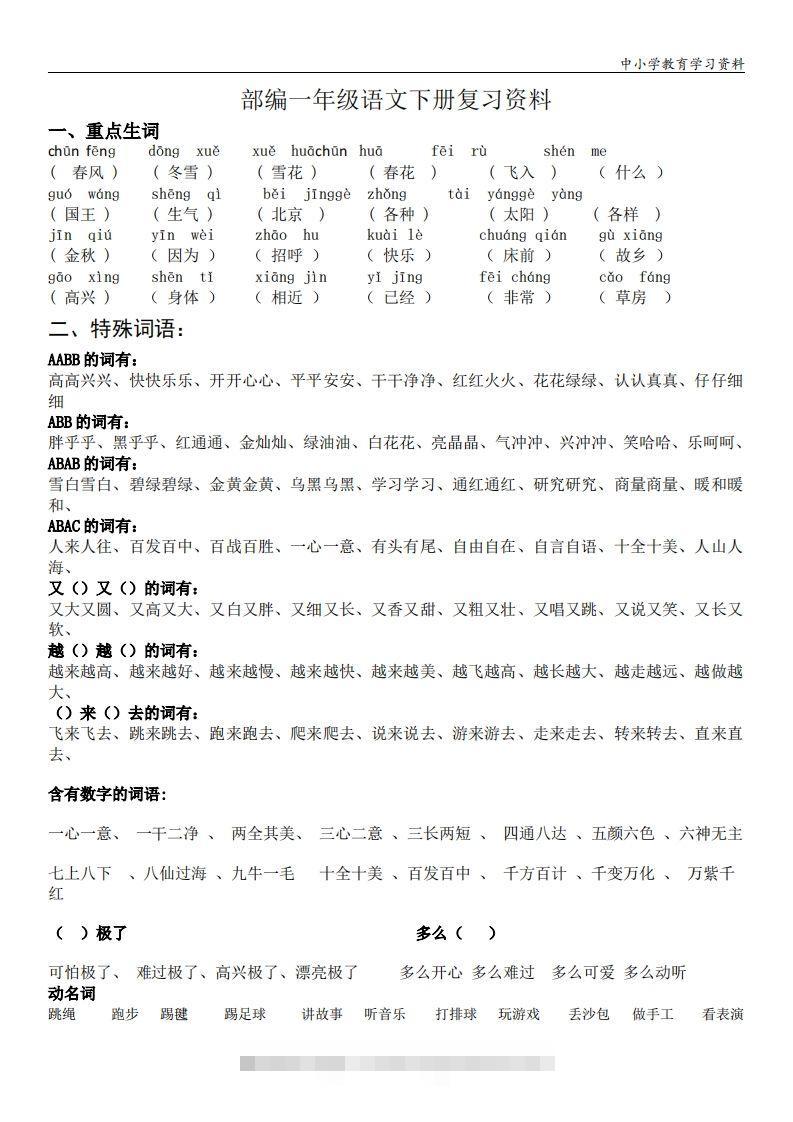 一年级语文下册复习资料(全面、经典)-资源V站
