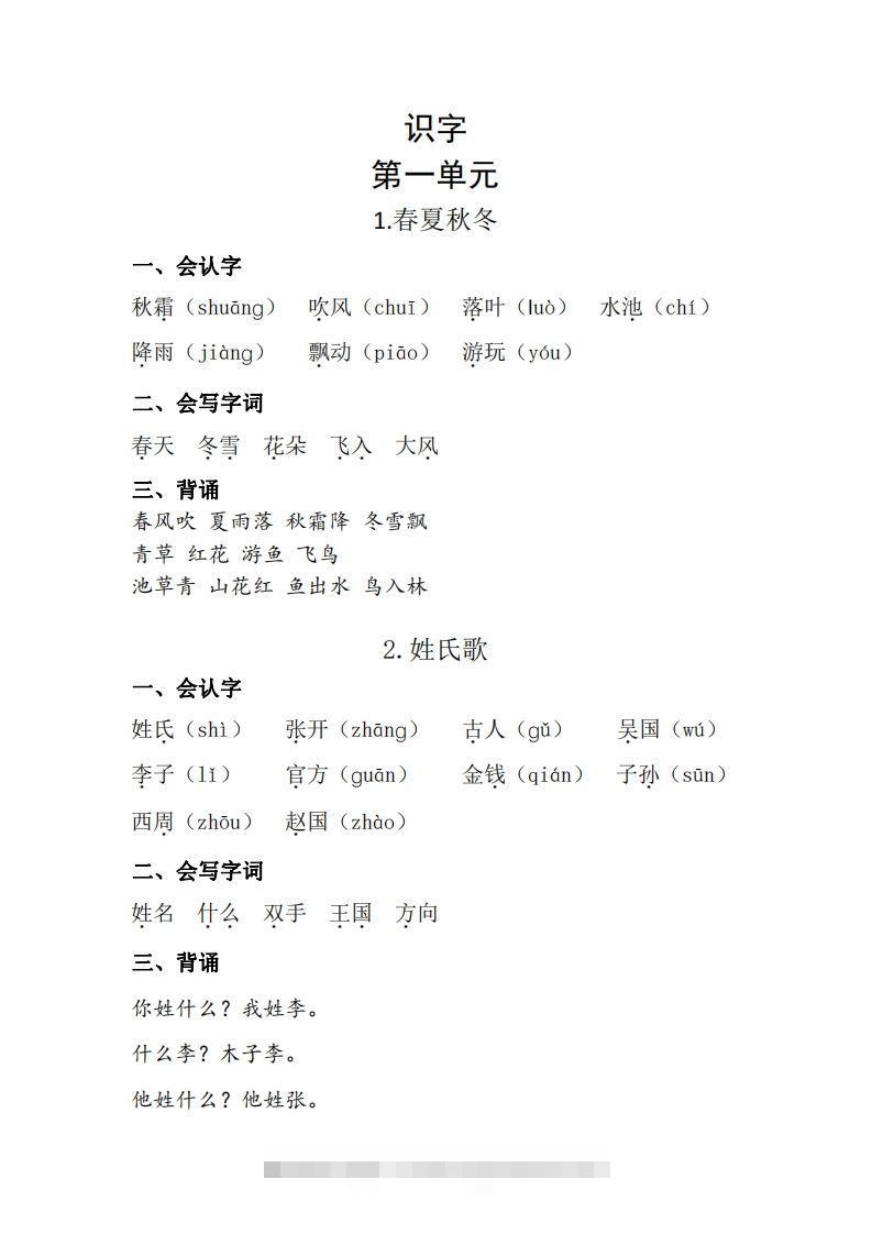 一年级（下册）知识清单-资源V站
