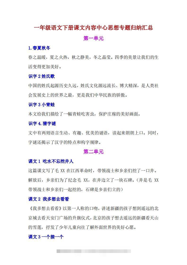 一年级语文下册课文内容中心思想专题归纳汇总-资源V站