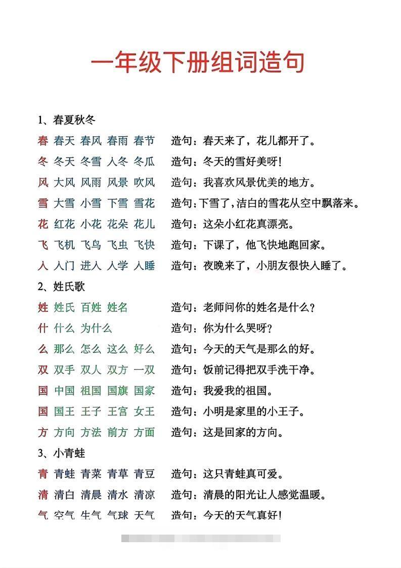 一年级下册生字组词造句-资源V站