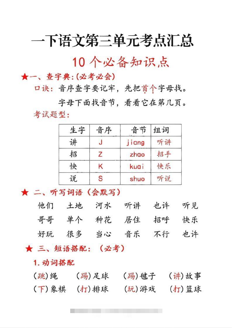 一年级下册语文第三单元10个必备知识点-资源V站