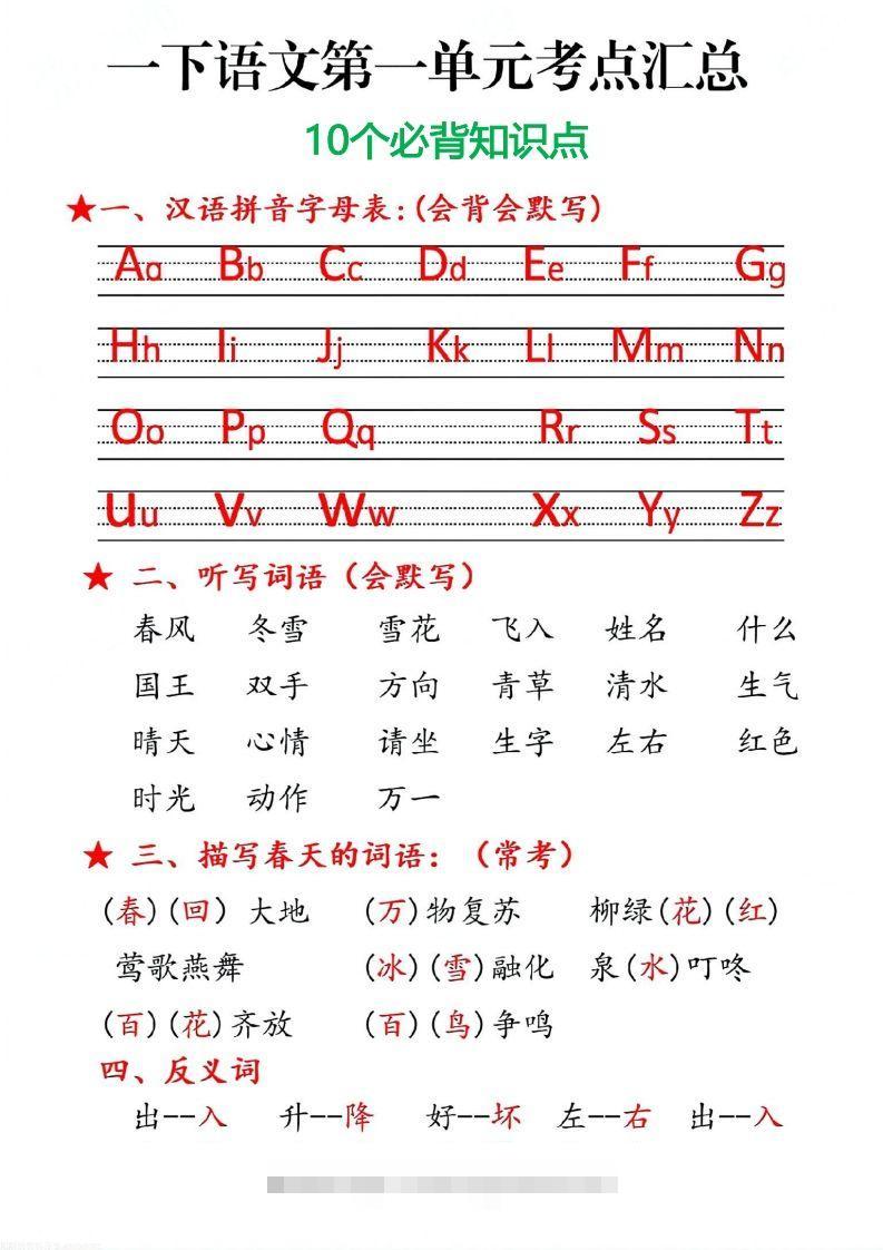 一下语文第一单元10个必备知识点-资源V站