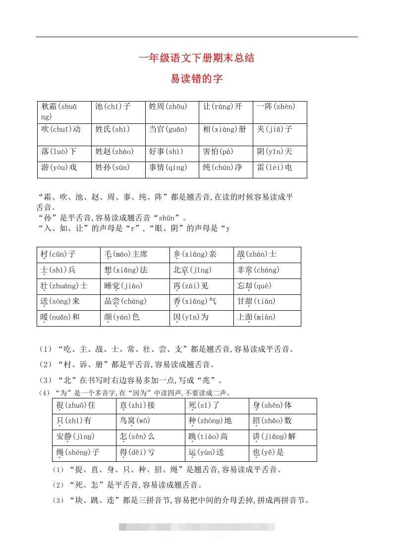 一年级语文下册期末总结—易读（写）错的字-资源V站