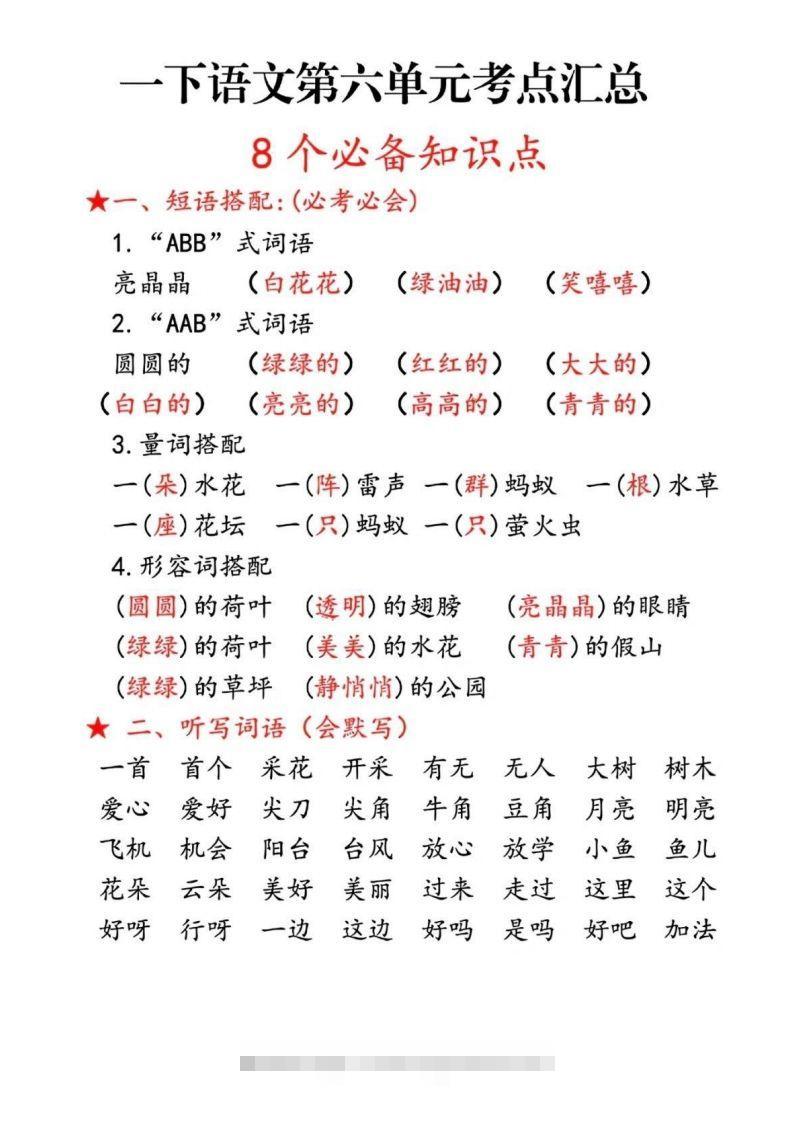 一下语文第六单元考点汇总-资源V站