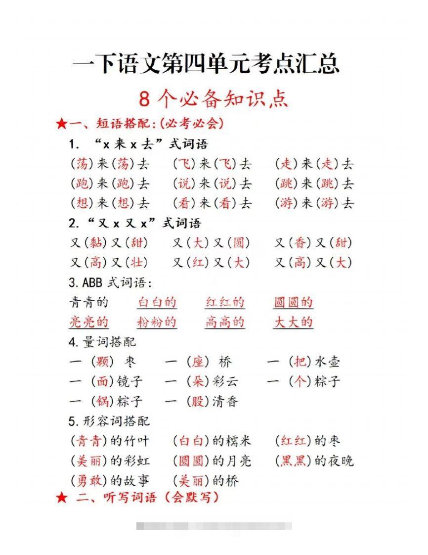 一下语文第四单元考点总结-资源V站