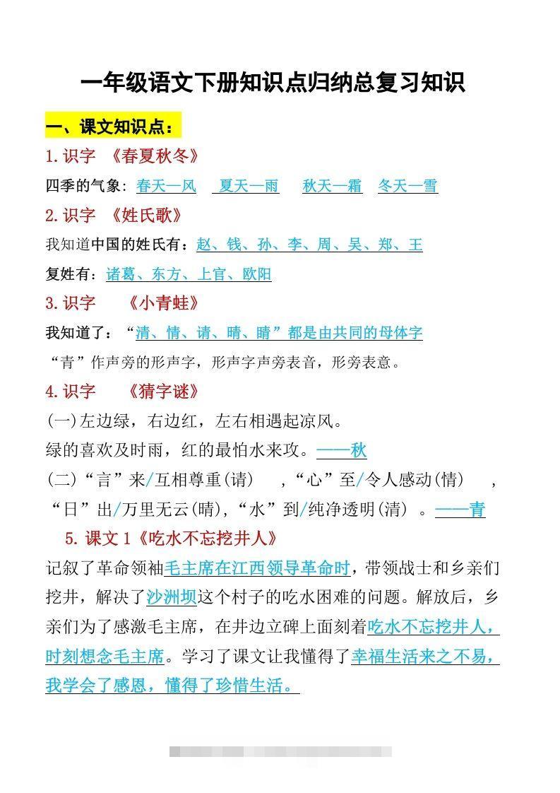 一年级语文下册知识点归纳期末总复习知识-资源V站