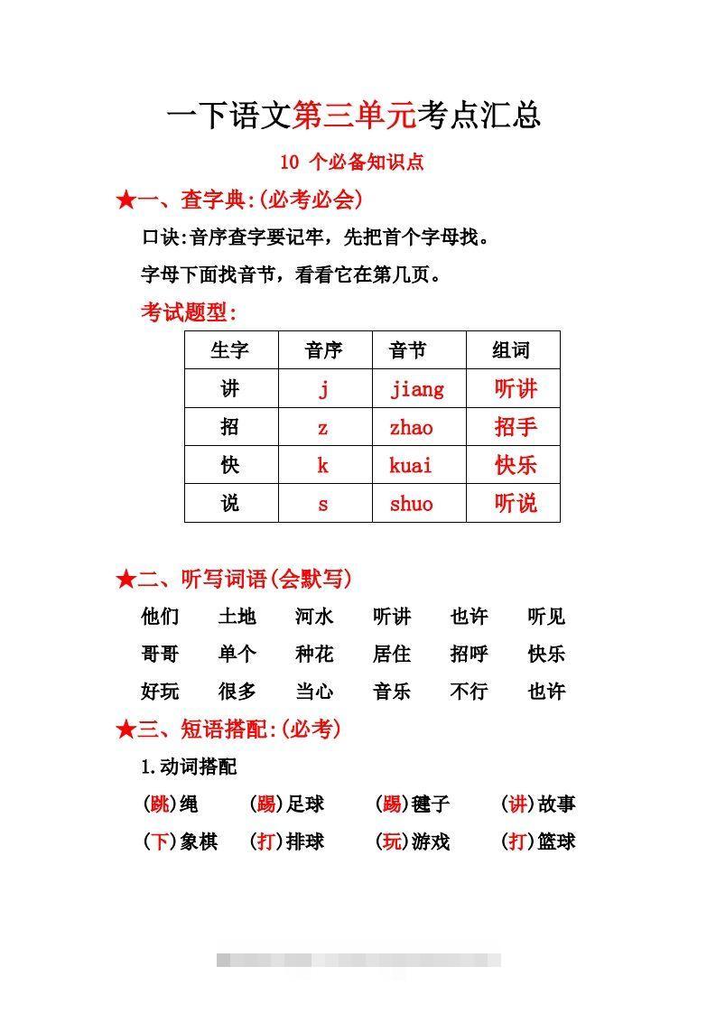 一下语文第三单元10个必备知识点-资源V站