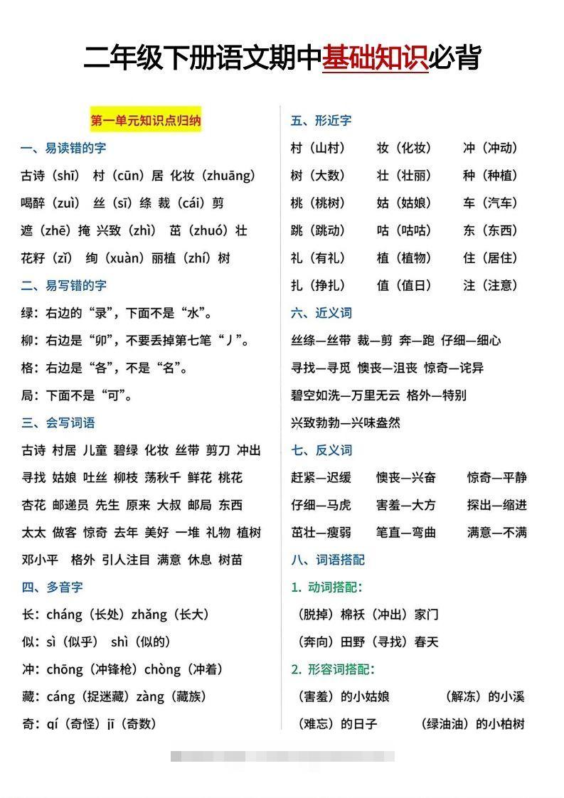 二年级下册期中基础知识必背-资源V站