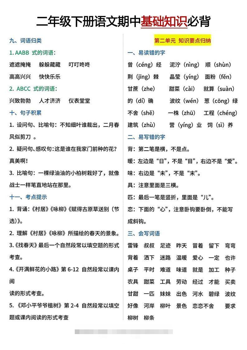 图片[2]-二年级下册期中基础知识必背-资源V站