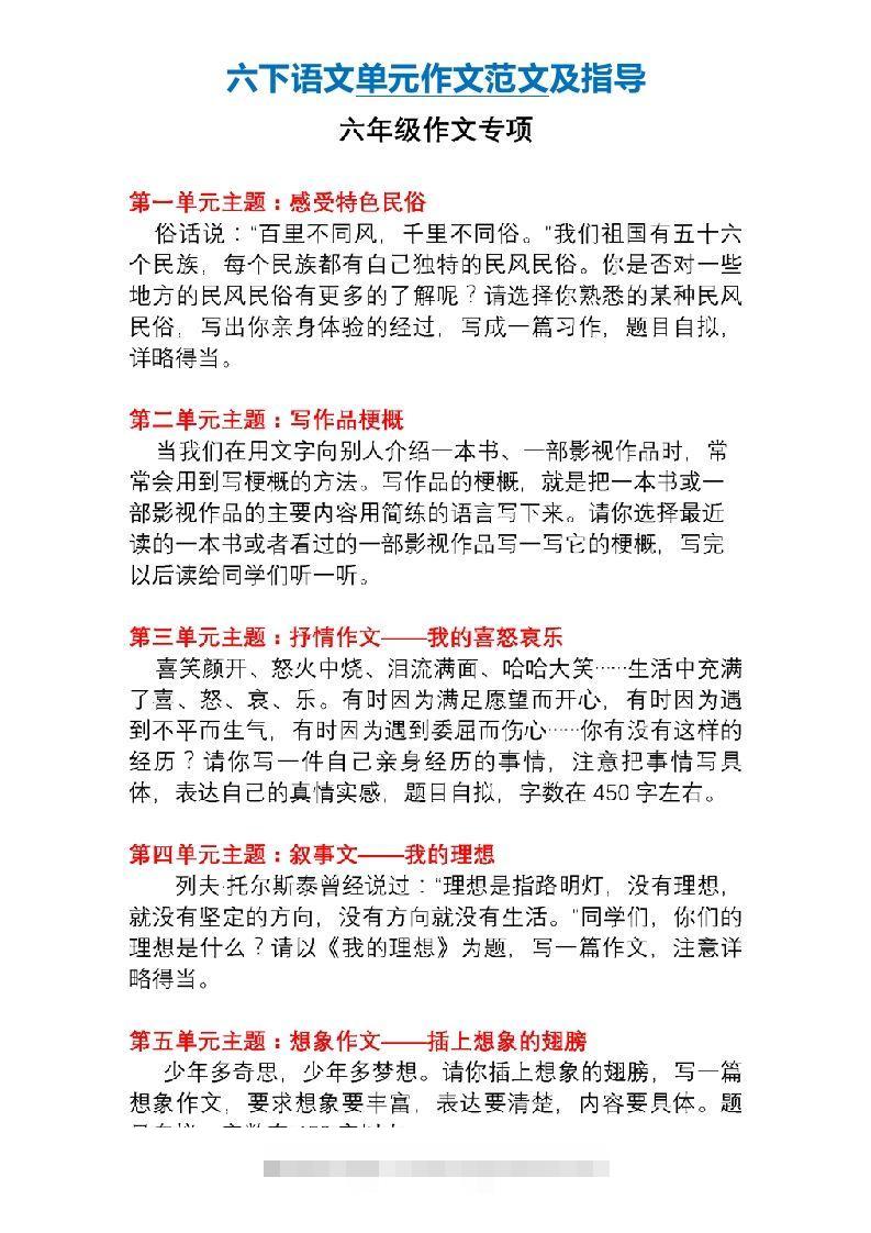 6年级下册语文作文专项练习(含范文)-资源V站