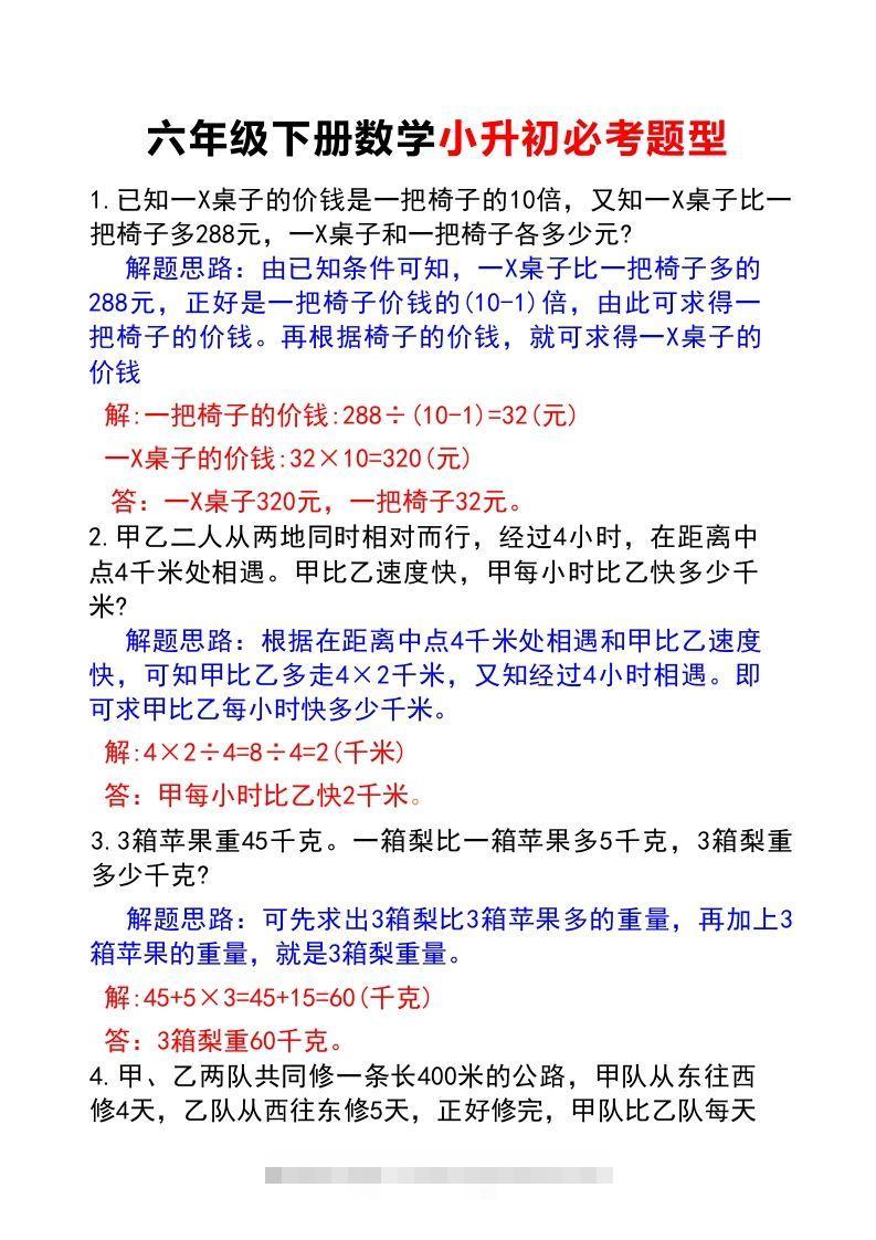 六年级下册数学小升初必考题型(答案)-资源V站