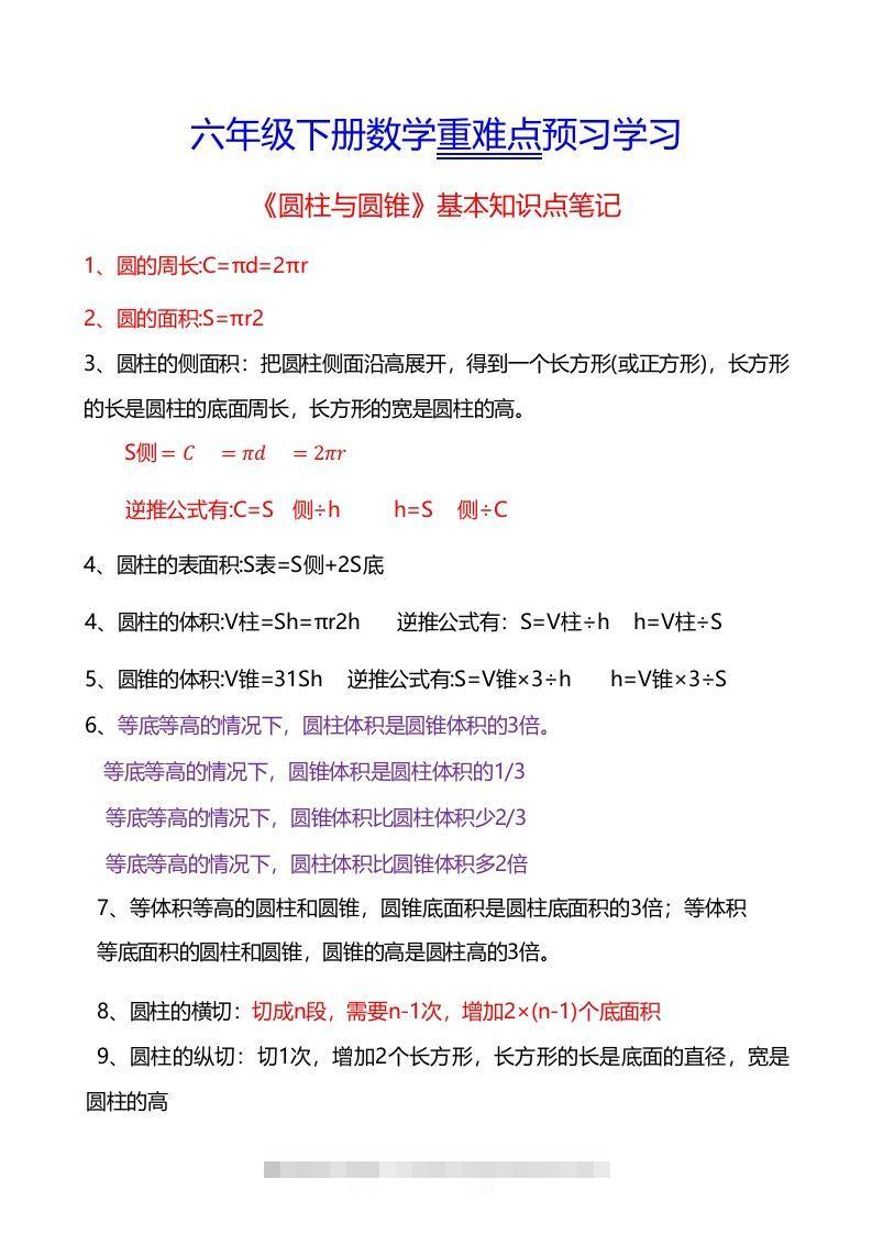 六年级下册数学重难点《圆柱与圆锥》-资源V站