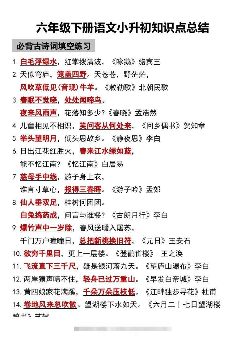 六年级下册语文小升初知识点总结-资源V站