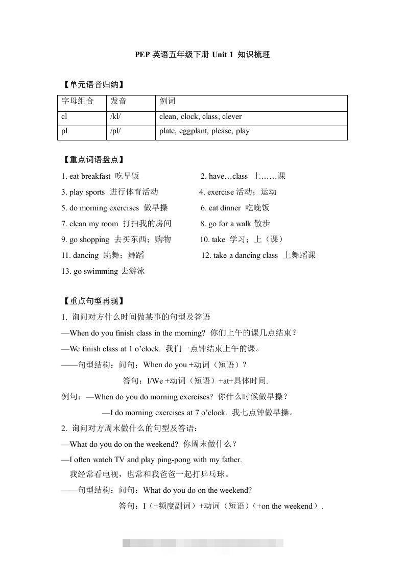 五年级英语下册单元知识梳理-Unit1Myday（人教PEP版）-资源V站
