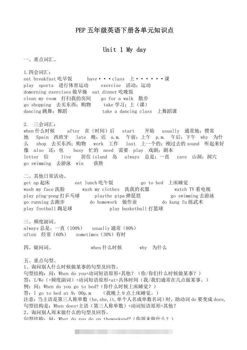 五年级英语下册五英下知识点21页（人教PEP版）-资源V站