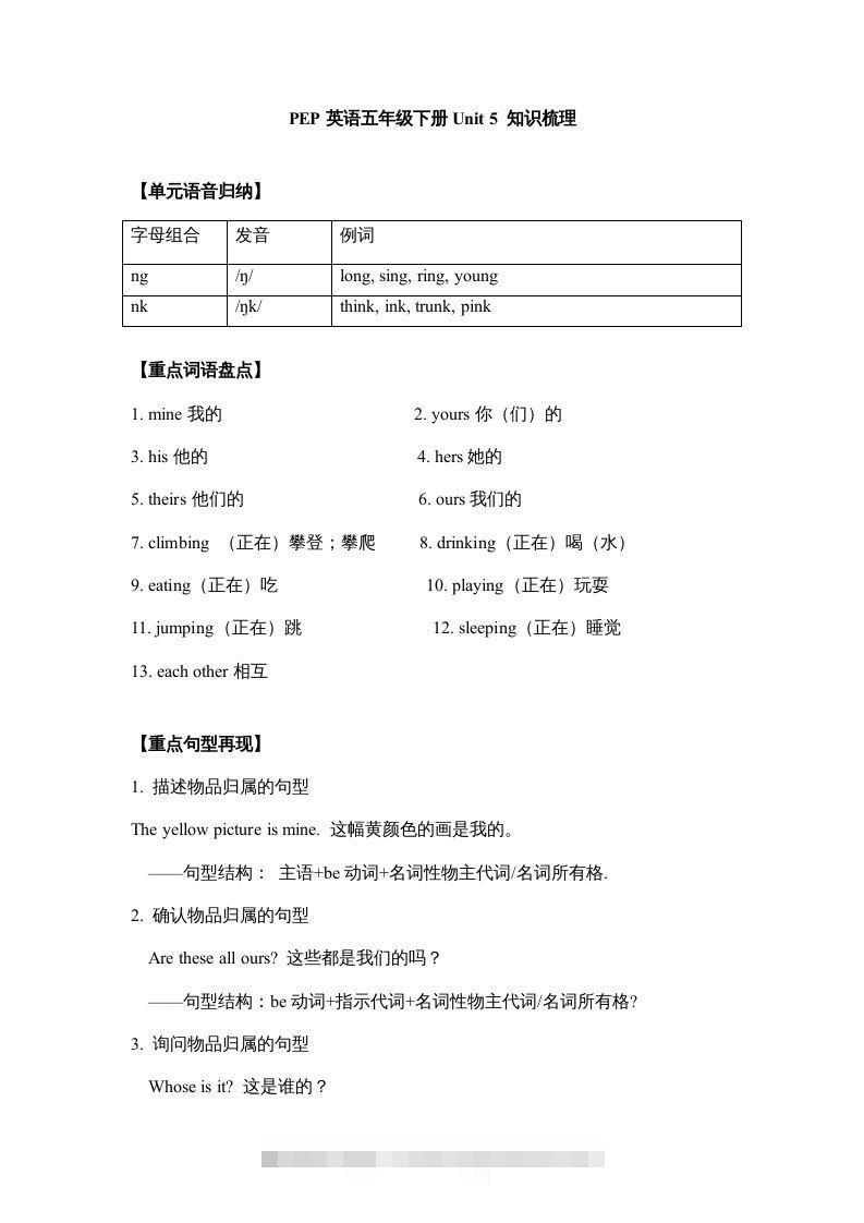 五年级英语下册【完美】单元知识梳理-Unit5Whosedogisit（人教PEP版）-资源V站