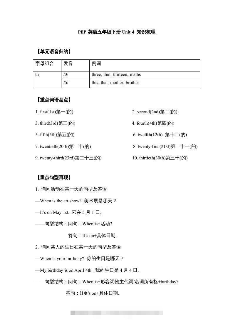 五年级英语下册【完美】单元知识梳理-Unit4Whenistheartshow（人教PEP版）-资源V站