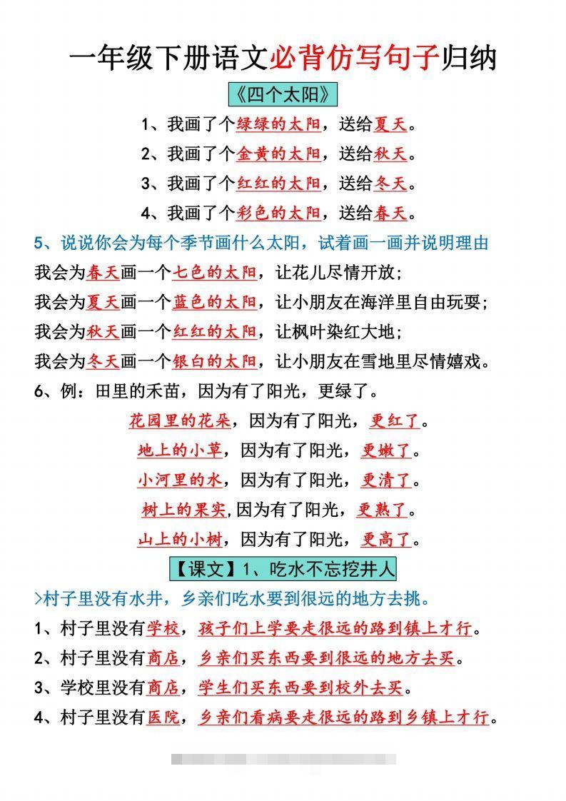 一年级下册语文全册仿写句子汇总_纯图版-资源V站