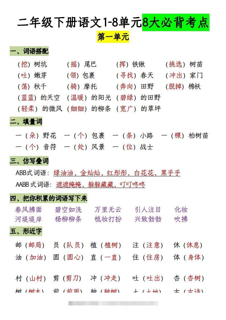 二下册语文1-8单元8大考点必背（1-4单元）(1)-资源V站