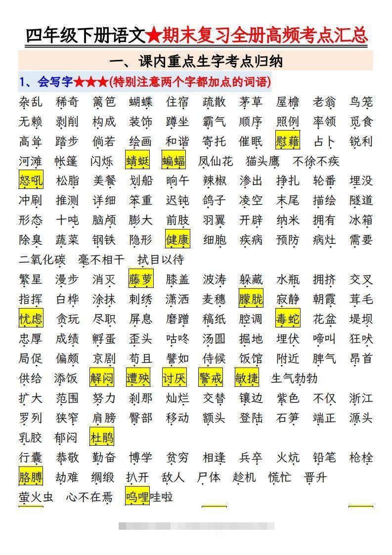 期末复习重点知识汇总四下语文-资源V站