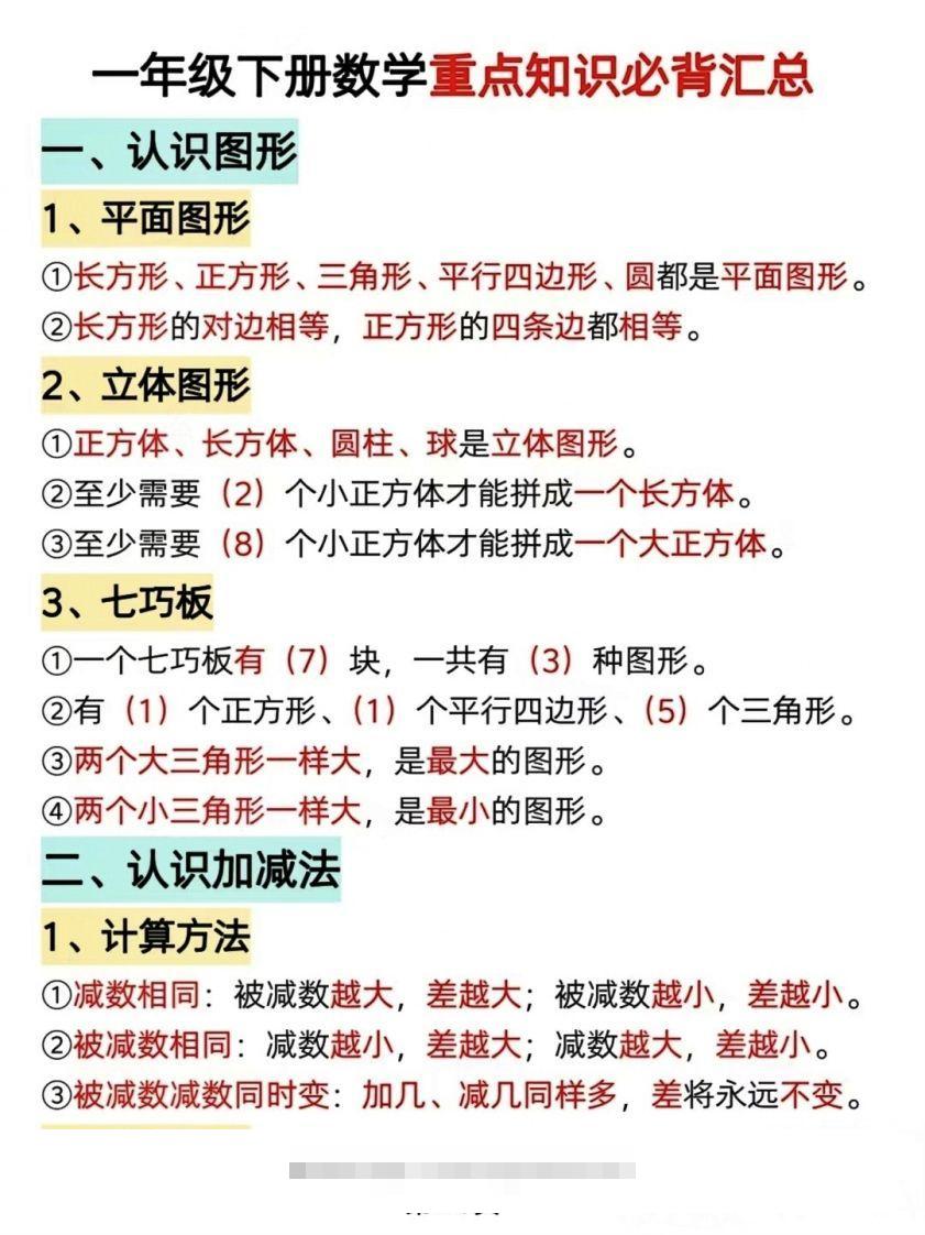 数学一年级下册必背知识点汇总（简洁版）-资源V站