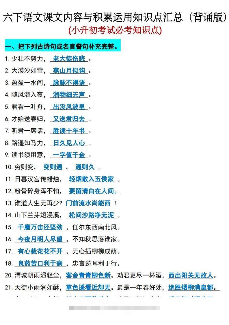 六年级下册语文(小升初)期末必考知识点-资源V站