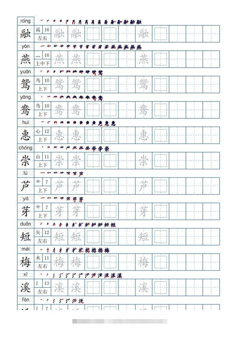 三年级语文下册生字表250个，字帖21页（带偏旁部首、笔顺，拼音）（部编版）-资源V站