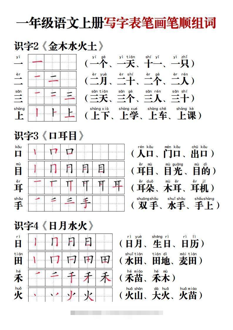 【写字表笔画笔顺组词】一上语文-资源V站