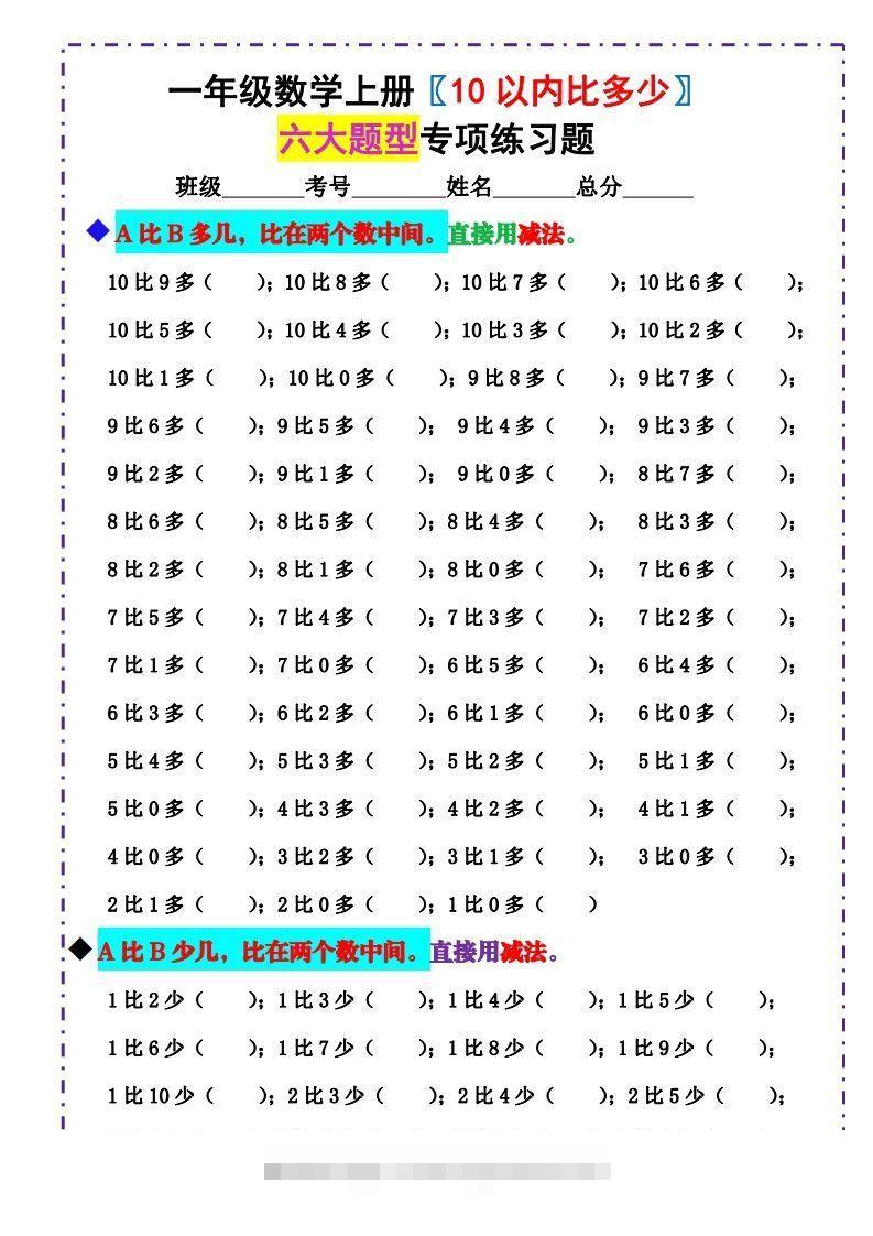 一上数学-《10以内比多少》填空题六大题型（含答案）-资源V站
