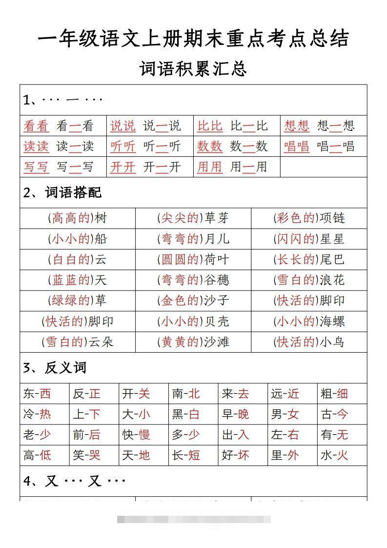 【期末重点考点总结词语积累汇总】一上语文-资源V站