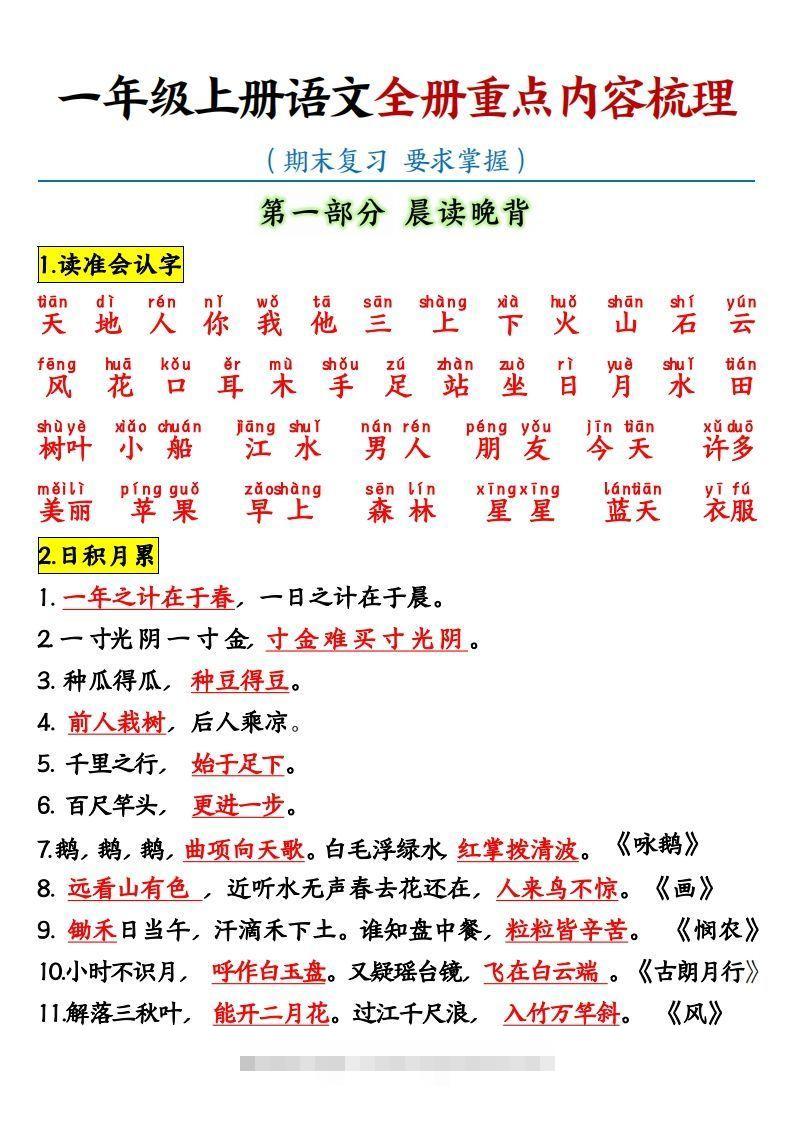 【全册重点知识点汇总】一上语文-资源V站