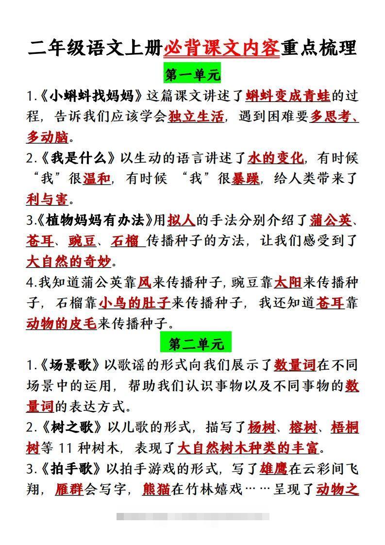【单元必背课文内容重点梳理】二上语文-资源V站