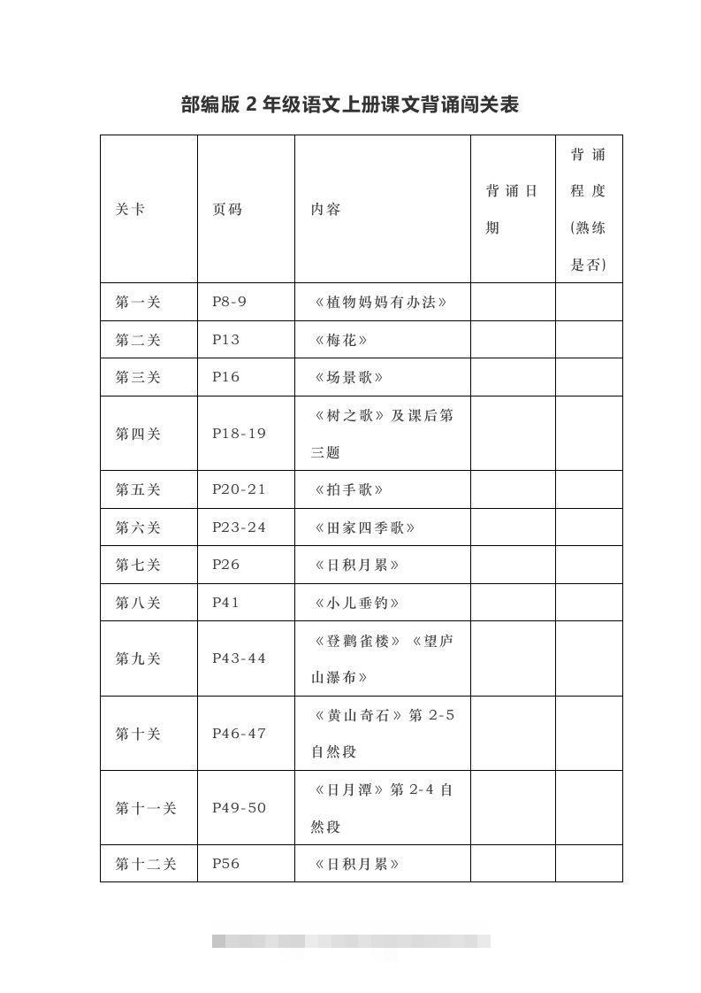 部编版二年级上册语文背诵课文内容及闯关表-资源V站