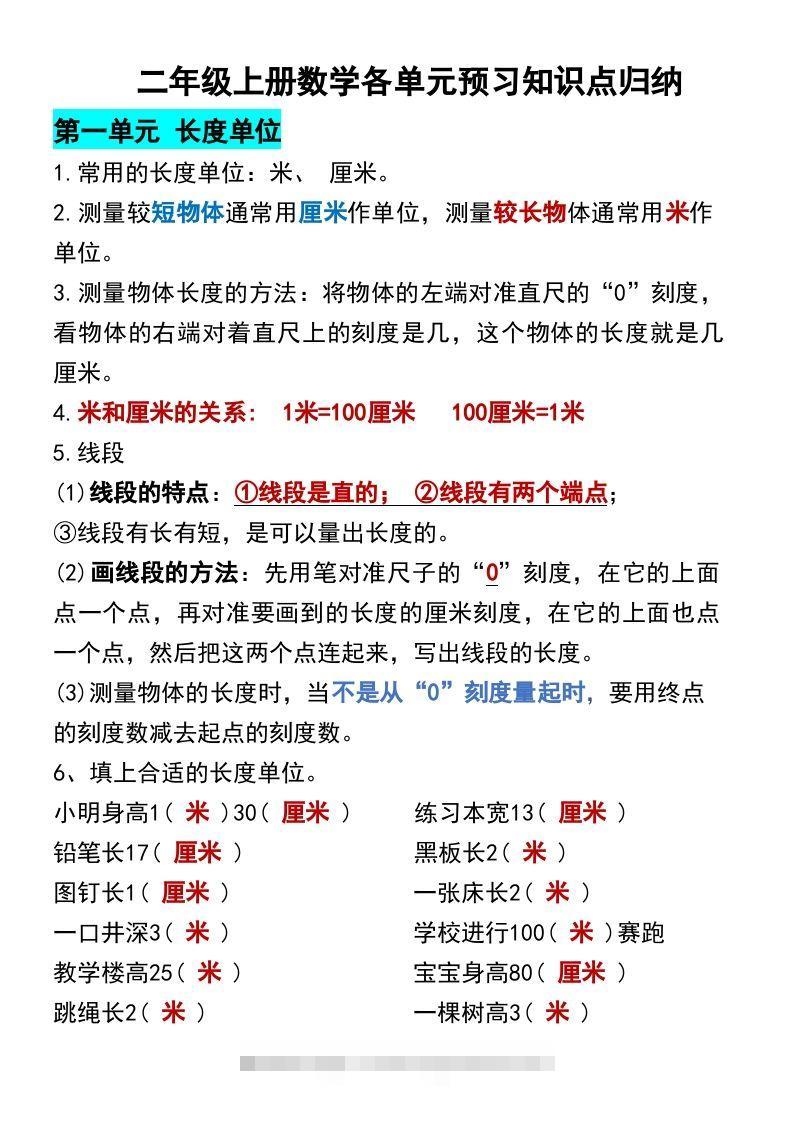 二年级上册数学各单元预习知识点归纳-资源V站