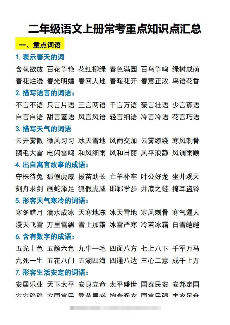 二年级语文上册常考重点知识点汇总-资源V站