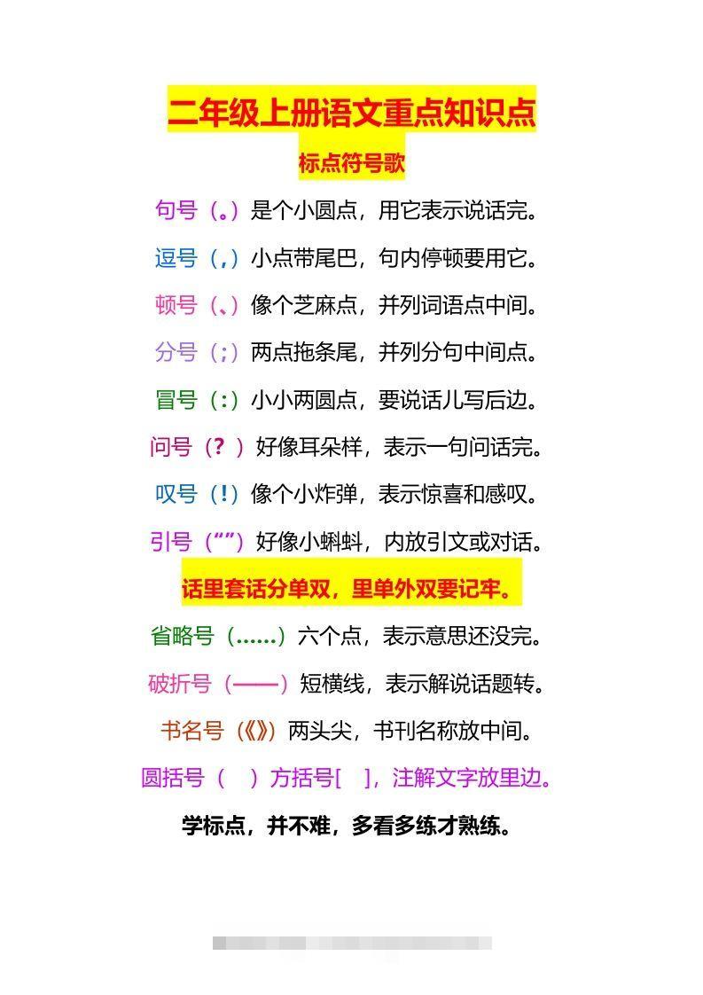 二上语文标点符号歌专项练习题-资源V站