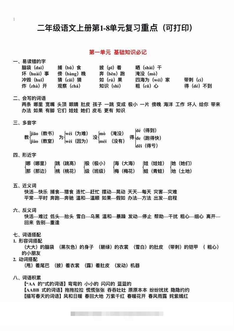 二上语文单元期末复习重点-资源V站