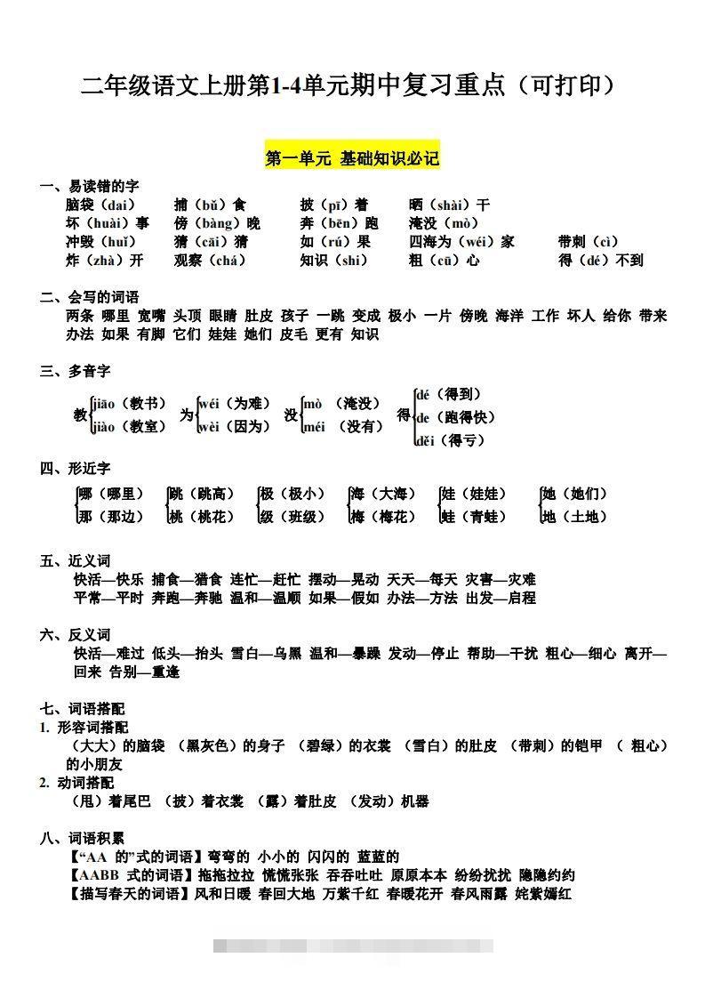 二上语文第单元期中复习必记（抖音）-资源V站