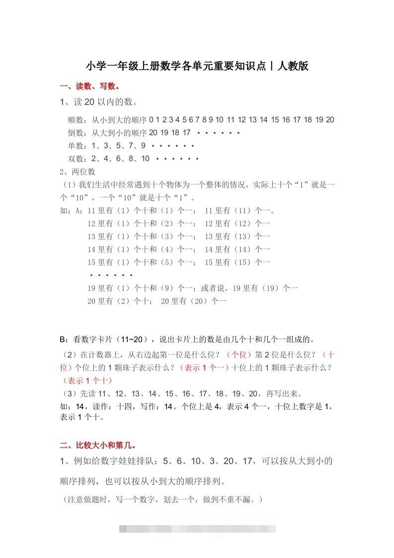 人教版一年级数学上册概念知识点整理-资源V站