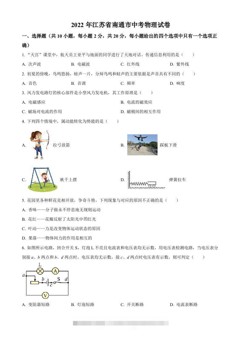 2022年江苏省南通市中考物理试题（空白卷）(1)-资源V站