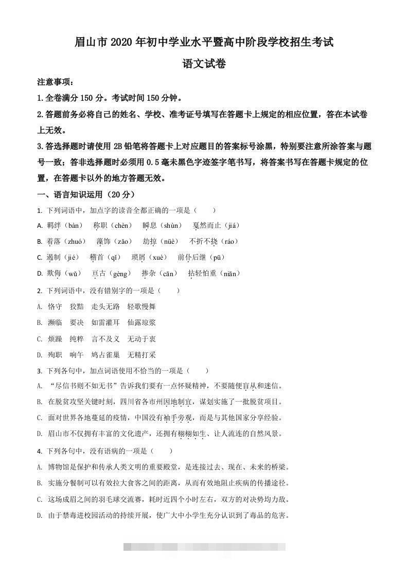 四川省眉山市2020年中考语文试题（空白卷）-资源V站
