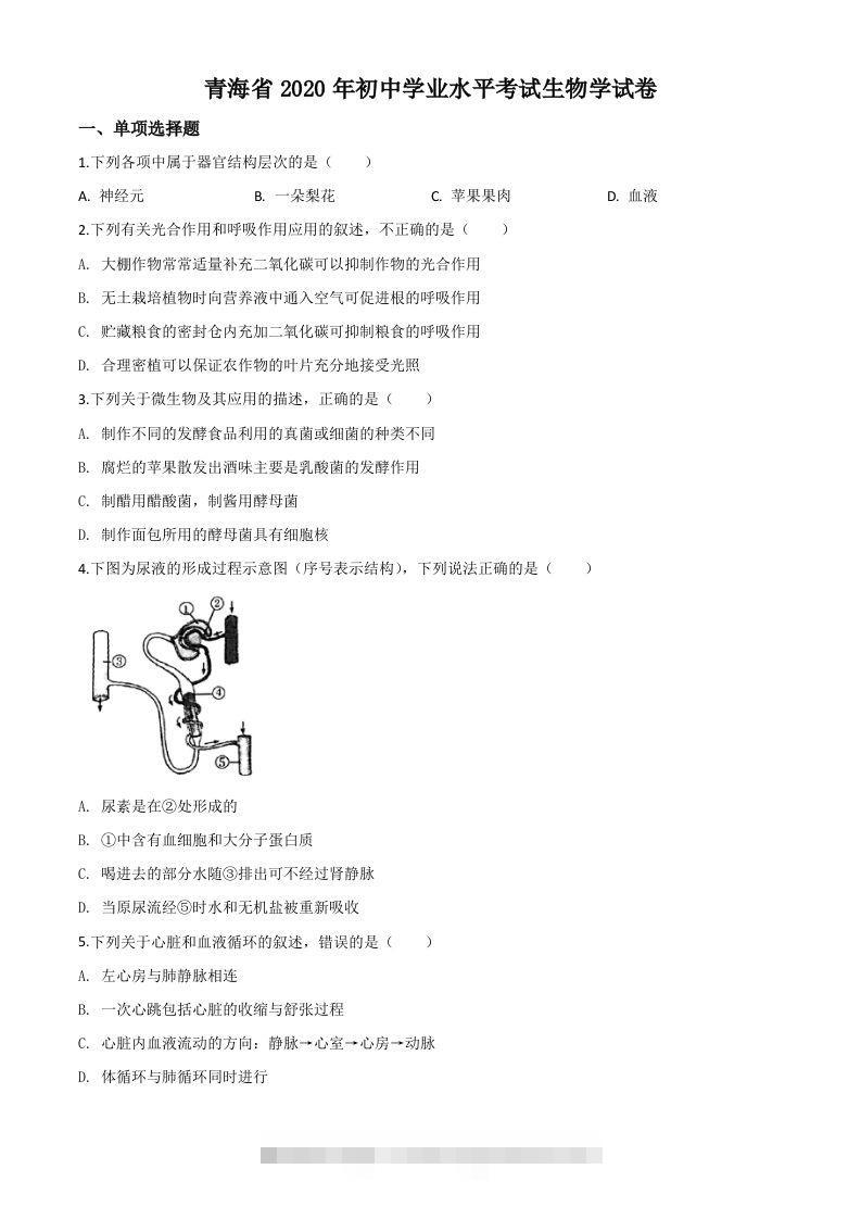 青海省2020年中考生物试题（空白卷）-资源V站