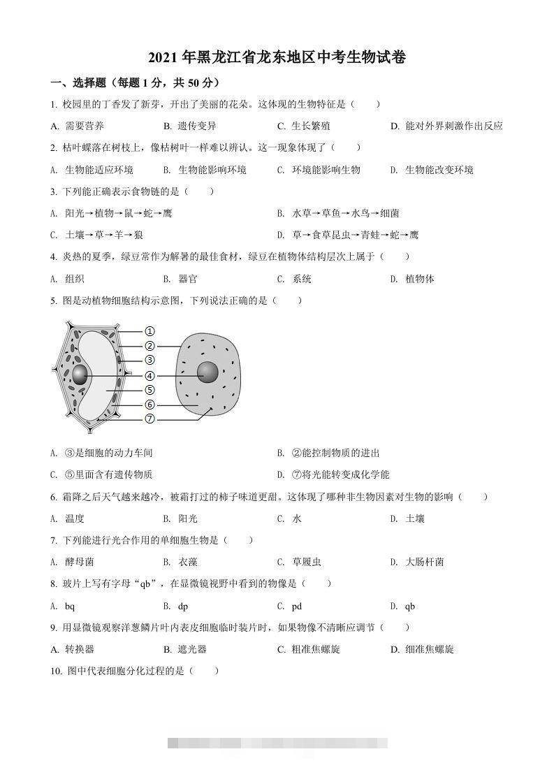 黑龙江省龙东地区2021年中考生物试题（空白卷）-资源V站
