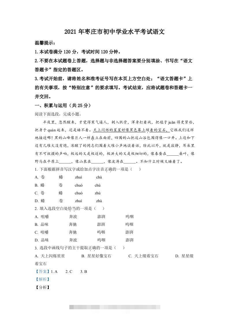 山东省枣庄市2021年中考语文试题（含答案）-资源V站