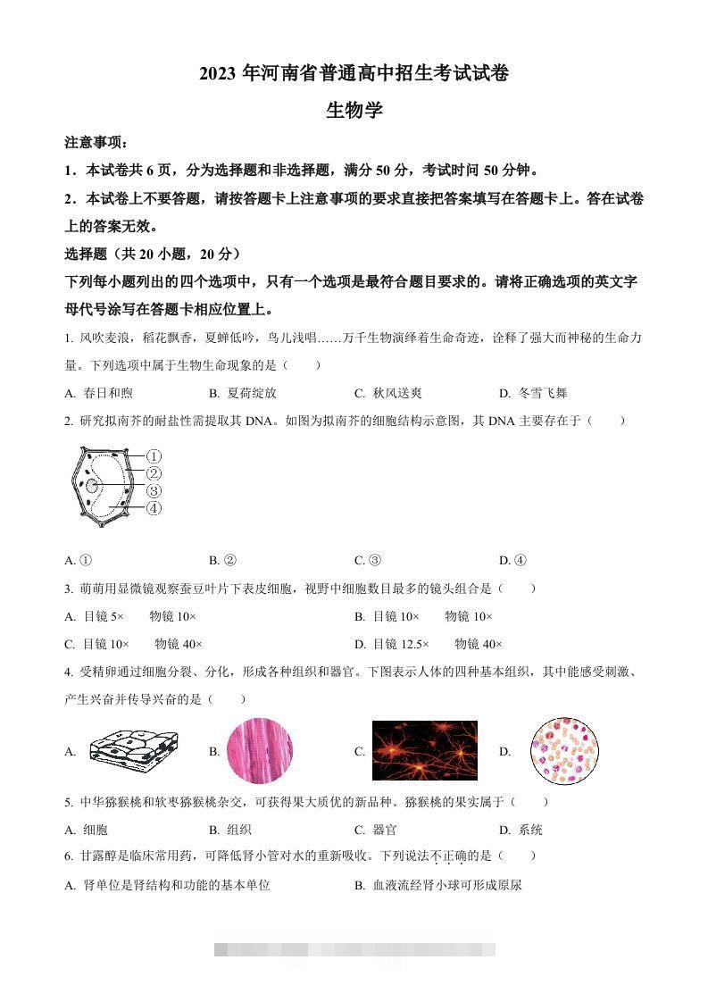 2023年河南省中考生物真题（空白卷）-资源V站