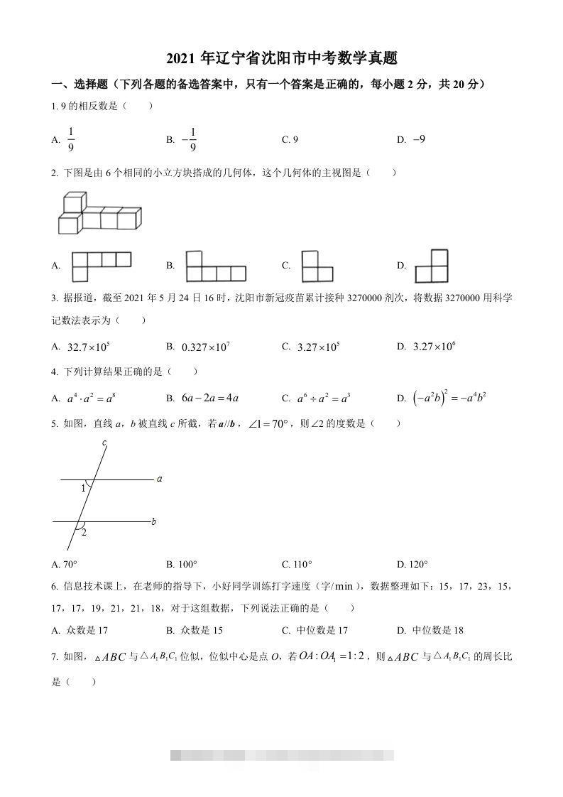 2021年辽宁省沈阳市中考数学真题（空白卷）-资源V站
