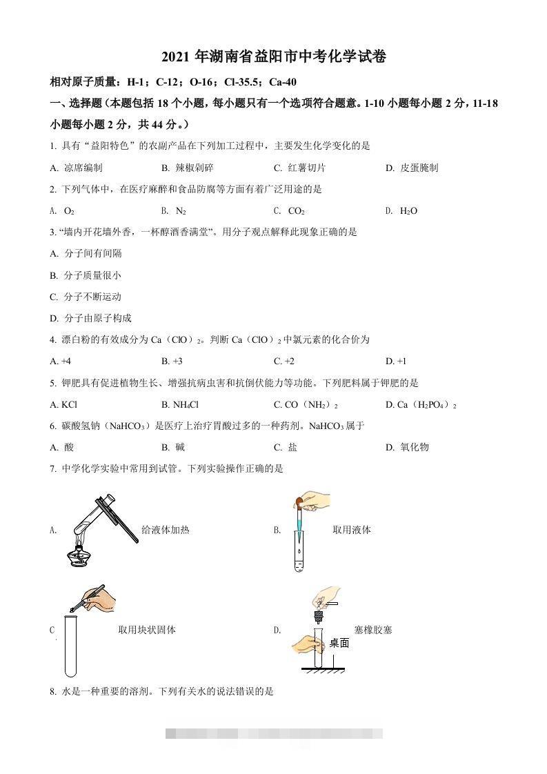 湖南省益阳市2021年中考化学试题（空白卷）-资源V站