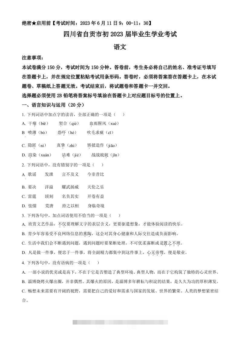 2023年四川省自贡市中考语文真题（空白卷）-资源V站