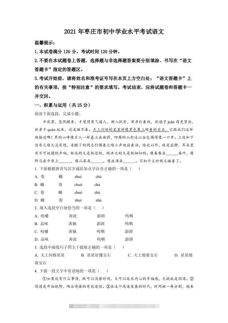 山东省枣庄市2021年中考语文试题（空白卷）-资源V站